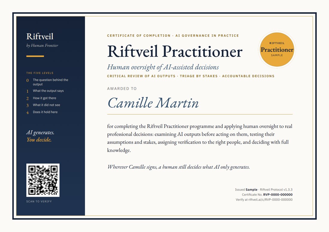 Exemple de certificat Riftveil Practitioner : certificat de réussite, gouvernance de l’IA en pratique, supervision humaine des décisions assistées par l’IA